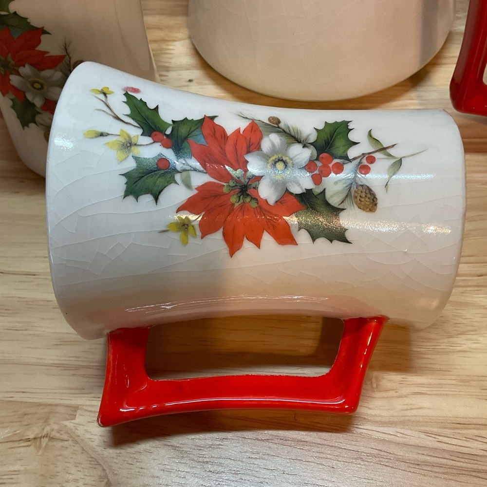 🎄Vintage MCM Arners Poinsettia Flower Christmas Chocolate Pot & 5 Matching Mugs - Picture 4 of 14